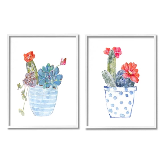 Stupell Industries Vivid Cactus Blossoms Potted Graphic Art White Framed Art Print Wall Art, Set of 2, Design by Sally Swatland