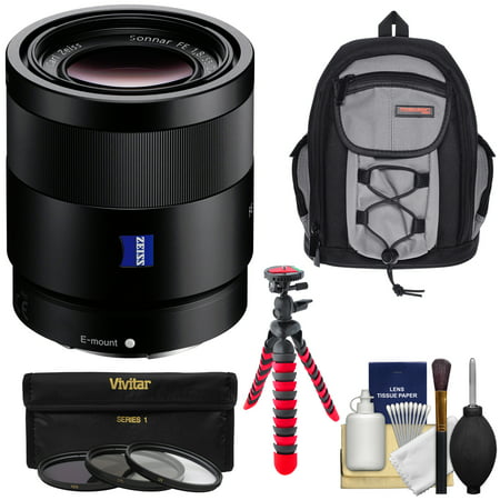 Sony Alpha E-Mount Sonnar T* FE 55mm f/1.8 ZA Lens with Backpack + 3 Filters + Flex Tripod Kit for A7, A7R, A7S Mark II III, A9, A6300, A6500