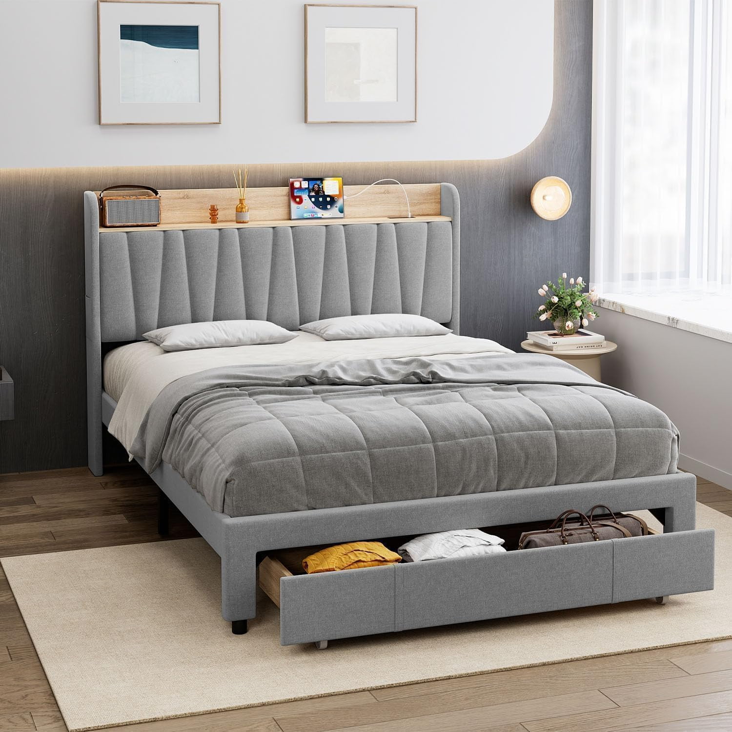 KOKEBREN Full Size Upholstered Platform Bed Frame, Metal Bed Frame for Bedroom, with Storage Drawers, Power Socket, Wooden Slats Mattress Foundation,Grey