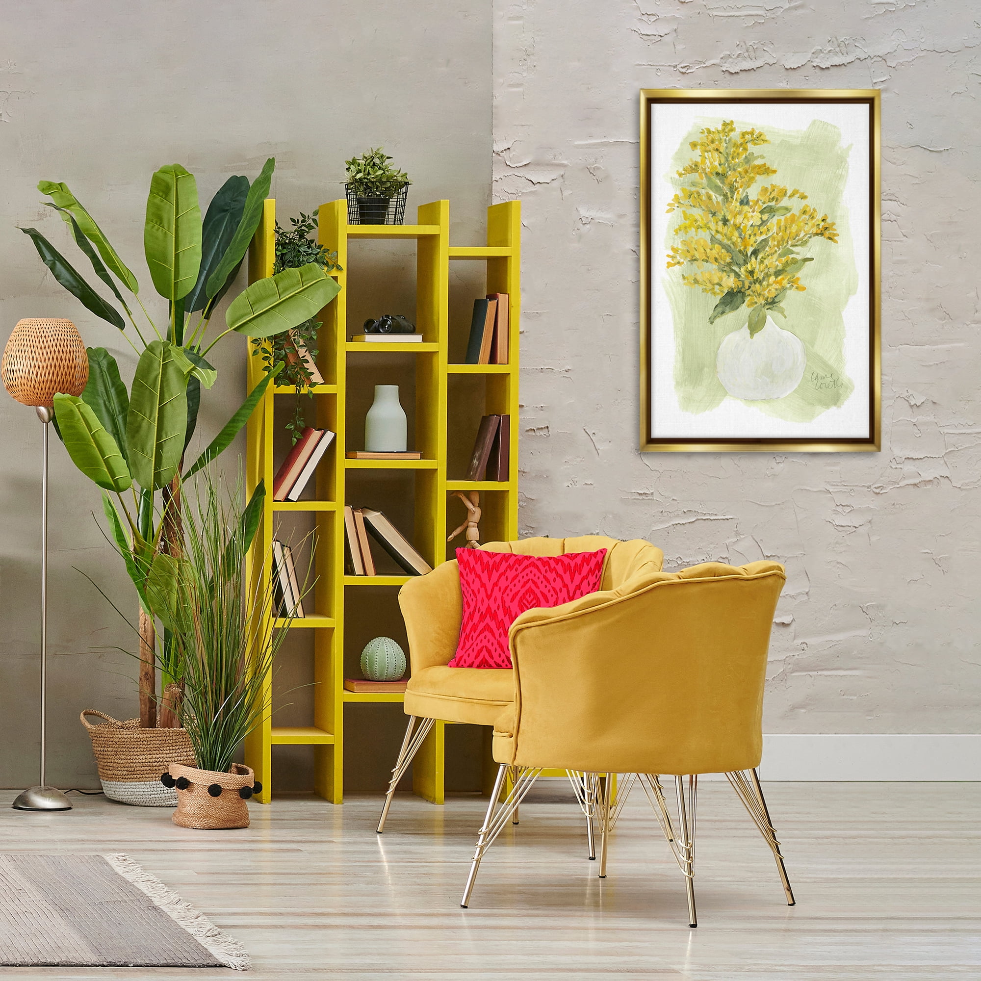 Stupell Industries Goldenrods Bloom White Vase Floral & Botanical Painting Gold Floater Framed Canvas Art Print Wall Art, 21 x 31