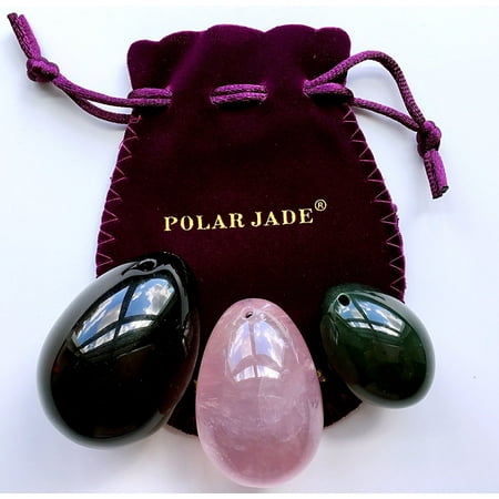 Yoni Eggs 3-pcs Set of 3 Gemstones, Drilled, with String & User Instructions, Made of Nephrite Jade, Rose Quartz and Black Obsidian, L/M/S 3 Sizes for Training Love Muscles as Kegel