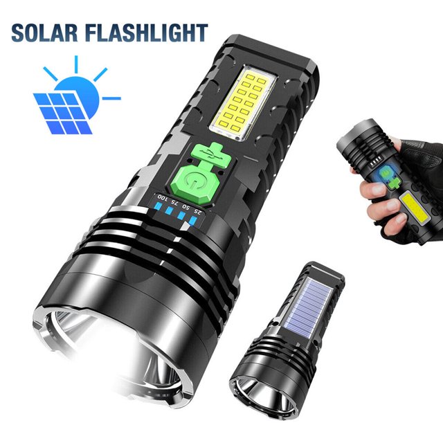 USB/Solar Charging LED Flashlight Torch with Side Light Handheld Spotlight Flashlight 4 Modes IPX5 Waterproof
