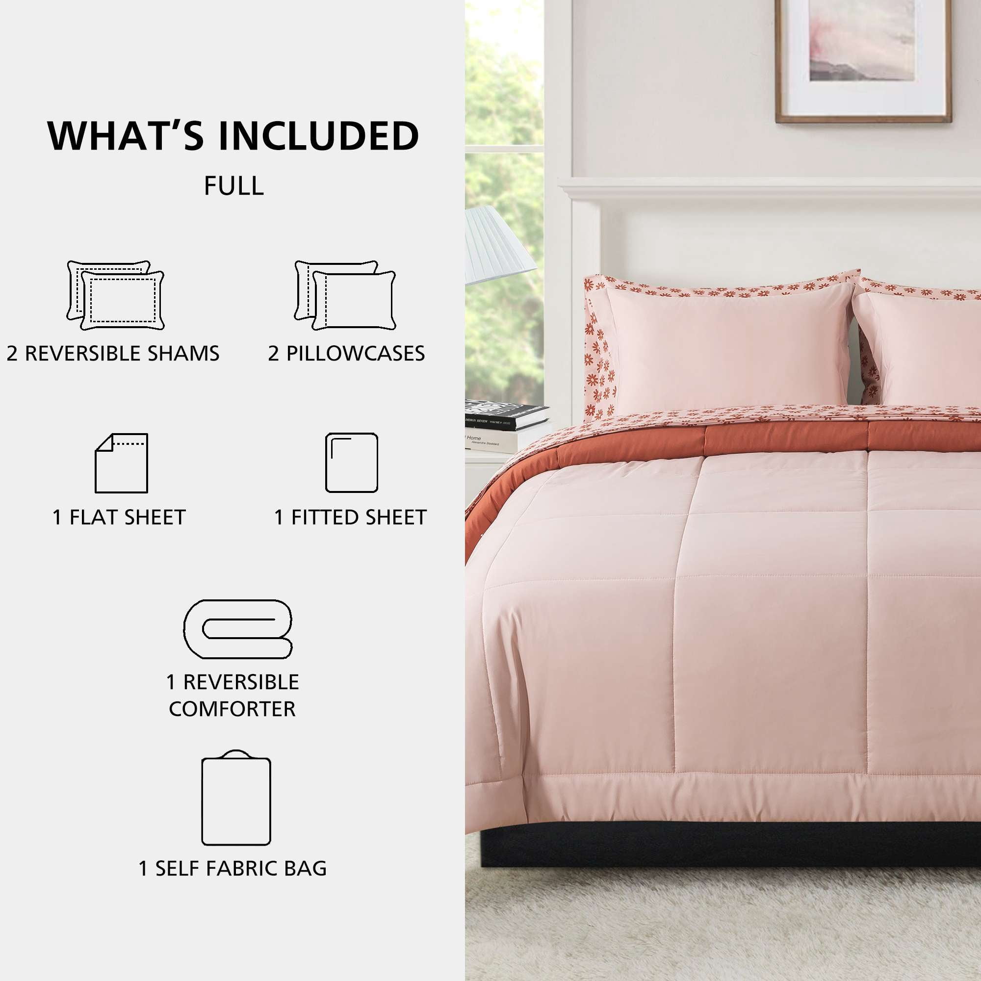 Mainstays All in One Reversible Comforter and Sheet Set, 7-Piece, Full, Pink Blush