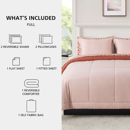 MAINSTAYS ALL IN ONE REVERSIBLE COMFORTER AND SHEET SET, 7-PIECE, FULL, PINK BLUSH