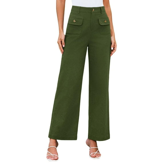 yunLCZ Pants for Women High Waisted Women's Solid Color Fashionable Casual Pocket Cotton Linen Waist Wide Leg Pants