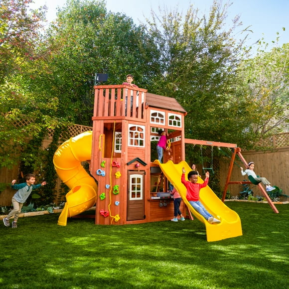 KidKraft Lookout Extreme 3-Story Wooden Swing Set / Playset with Slides, Telescope and Rock Wall