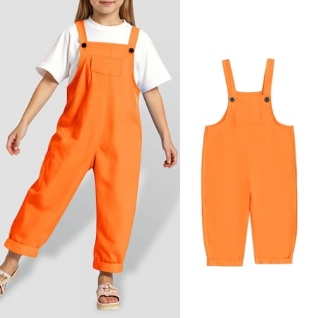 Bigetiay Little Girls Casual Sleeveless Jumpsuits Back to School Romper Orange Overalls with Side Pockets Spring Fall Romper Girls Jumpsuits Size 6-7 Years