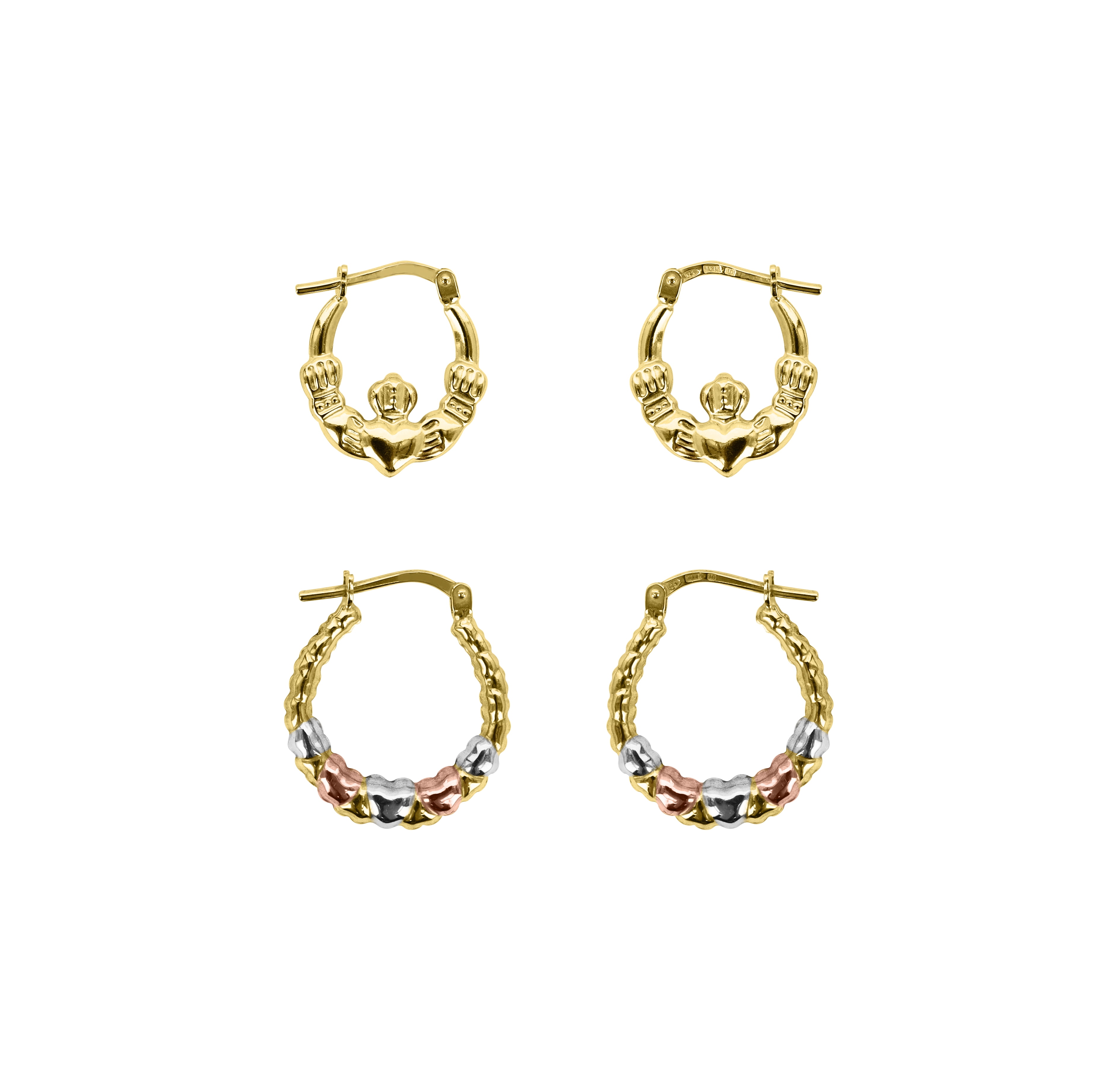 Brilliance Fine Jewelry Women's 14K Gold Plated Sterling Silver Claddagh and Heart Hoops Earrings