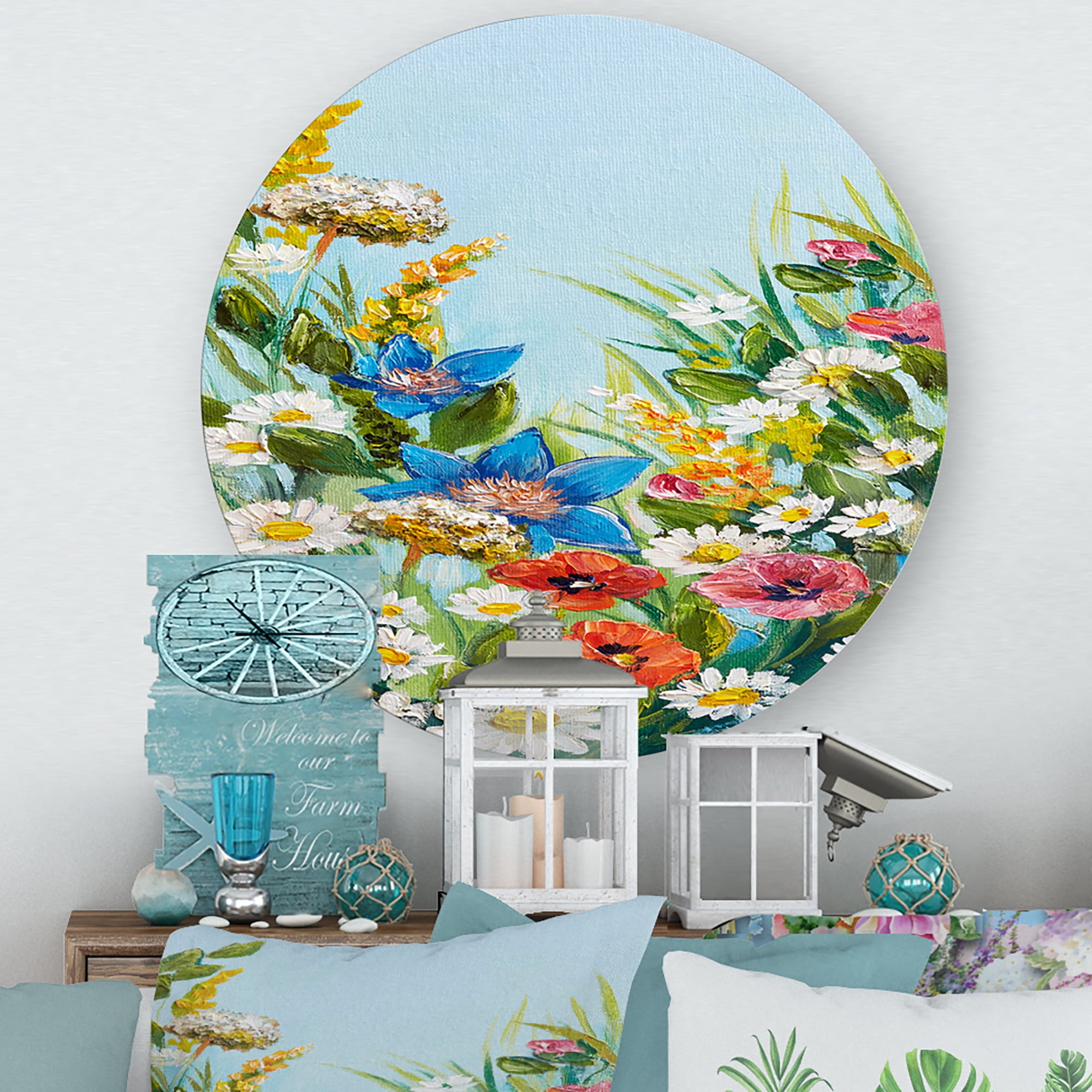 Designart 'Still Life Of Colorful Wildflowers With Leaves I' Traditional Circle Metal Wall Art 23x23 - Disc of 23