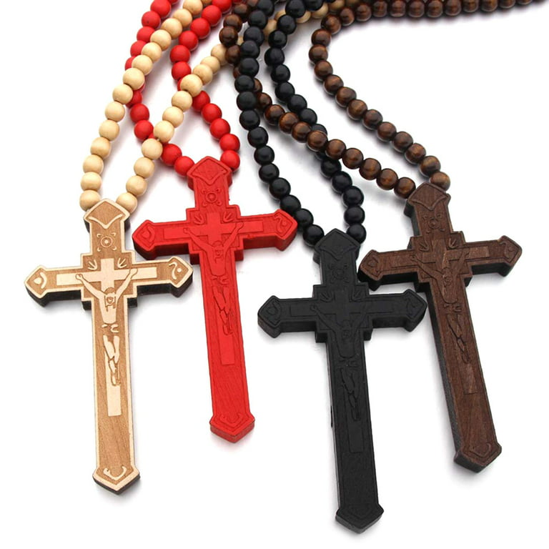 Catholic Cross Necklace with Wooden Beads Rosary Religious Wear Jesus  Carved Crucifix Pendant Chain Christian Prayer Christmas Jewelry Gifts for  Men Women 