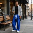 thumbnail image 4 of Havenx Men's Fleece Baggy SweatpantsMen Straight Wide Leg Drawstring Jogger Pants with Pockets Elastic Waist Open Bottom Sweatpants Lightweight Gym Lounge Soft Fall Winter Streetwear,Blue L, 4 of 5