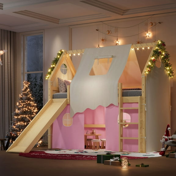 Aukfa Twin Size Loft Bed with Slide, Tent, Sills & LED Lights, Solid Wood House Loft Bed for Kids, Pink