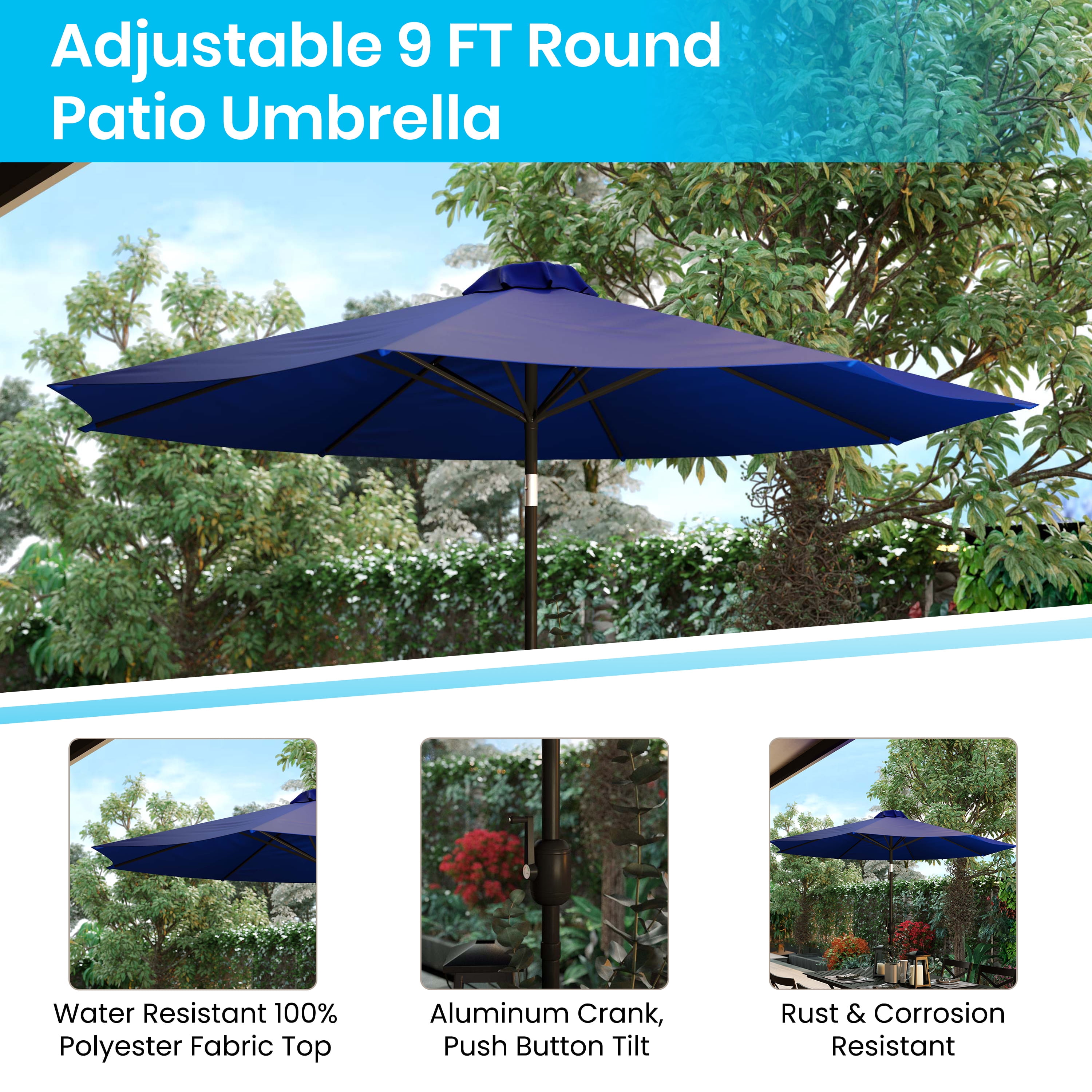 Merrick Lane Navy 9' Round UV Resistant Outdoor Patio Umbrella With Height Lever And 33° Push Button Tilt
