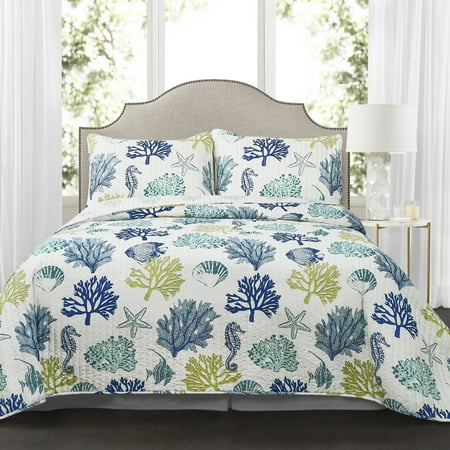 Lush Decor Coastal Reef Cotton Reversible Quilt, King, Navy/Blue, 3-Pc Set