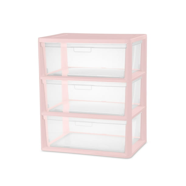 Sterilite Plastic Wide 3 Drawer Tower Blush Pink