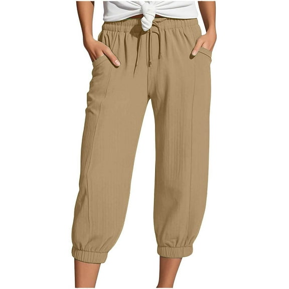 Bibifish Womens Ribbed Capri Joggers Elastic Waist Knee Length Jogger Ribbed Texture Side Pockets Loose Fit Comfortable Summer Cozy Capri Joggers