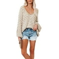 thumbnail image 2 of Qiylii Women Loose Knitwear, U-shaped Collar Balloon Sleeve Stripe Pattern Tops, 2 of 7