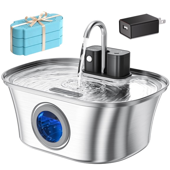 FURCLAN 108oz/3.2L Wireless Cat Water Fountain Stainless Steel, Pet Fountain, Battery Operated Cat Fountain, Automatic Pet Water Fountain for Cats and Dogs