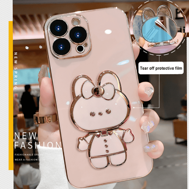 Étui de Téléphone avec Support Miroir Lapin Électroplaqué pour IPhone 14/14Pro/14Pro Max, 13/13Pro/13Pro Max, 12/12Pro/12Pro Max, 11/11Pro Max