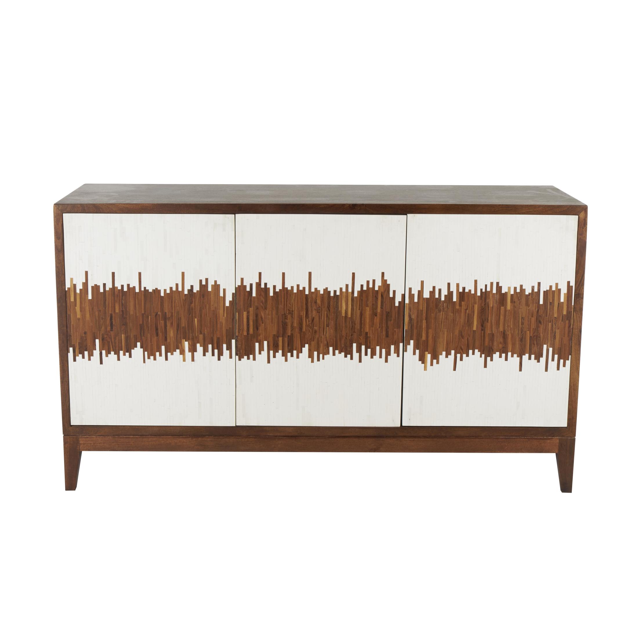 DecMode 60" x 34" Brown Mango Wood Abstract 3 Door and 3 Shelf Sideboard with White Front and Striped Pattern, 1-Piece