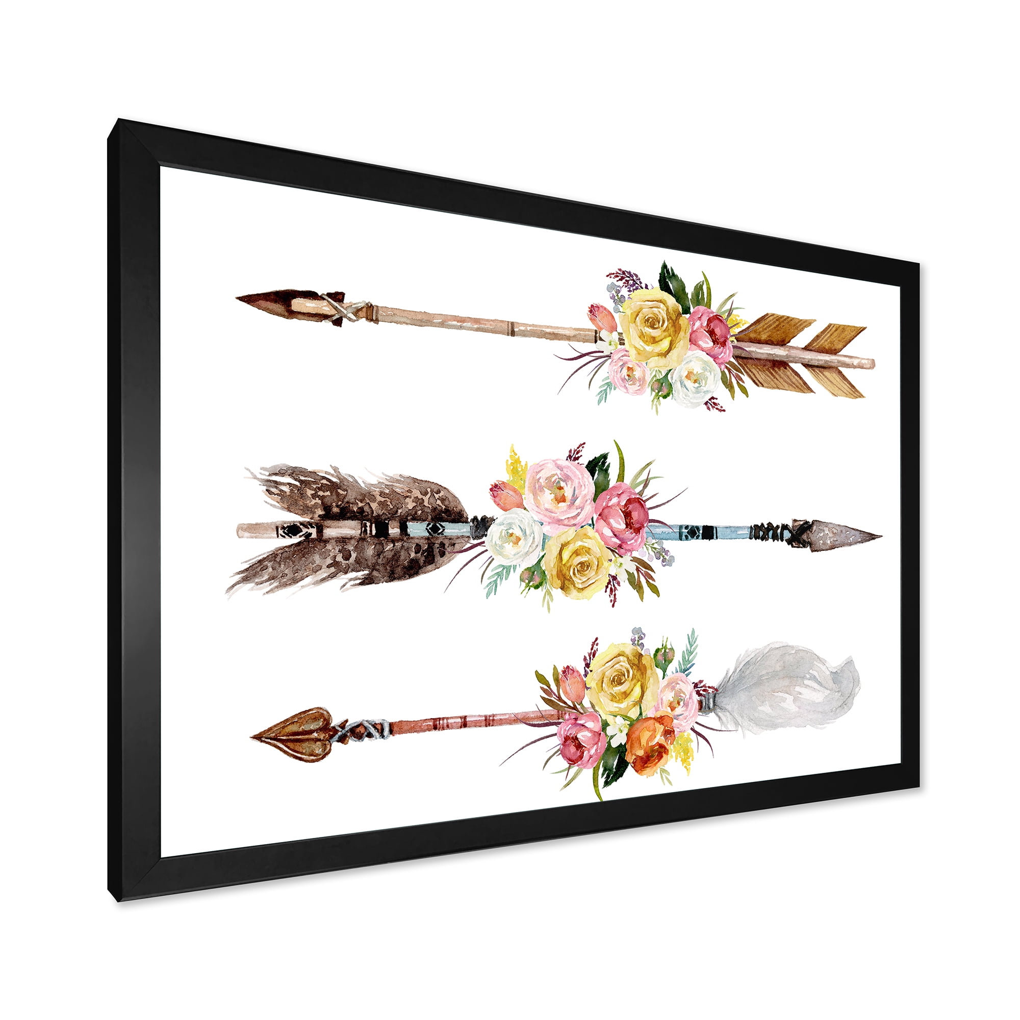Designart 'Flowers and Ethnic Feathers On Native Arrows II' Bohemian & Eclectic Framed Art Print