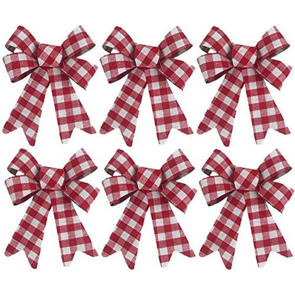 Happy Holidays Valentines Day Decoration Bow Bundle Great for Decor, Crafts, Wrapping, Wreath - Set of (6) - Red and White Buffalo Plaid