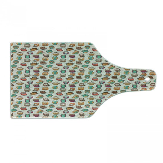 Owls Cutting Board, Cartoon Style Cheerful Animal with Native Prehistoric Patterns Funny, Decorative Tempered Glass Cutting and Serving Board, Wine Bottle Shape, Multicolor, by Ambesonne