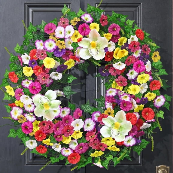 Yastouay Spring Wreaths for Front Door, 22"Colorful Wildflower Wreath with Morning Glory for Wall Porch Home Decor