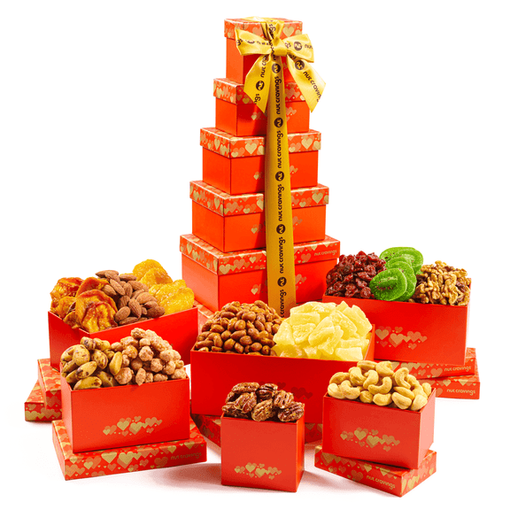 Nut Cravings Red Gift Tower with Dried Fruit and Nut Variety Healthy Snack Gift for Holidays and Parties