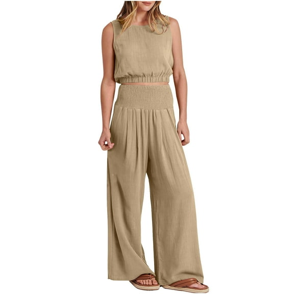 Amvlyk Linen Sets for Women 2 Piece Sets Summer Sleeveless Tops and Wide Leg Pants Tracksuit Sets Casual Jogger Workout Outfits Fashion Two Piece Lounge Sets for Vacation Running Travel Outfits