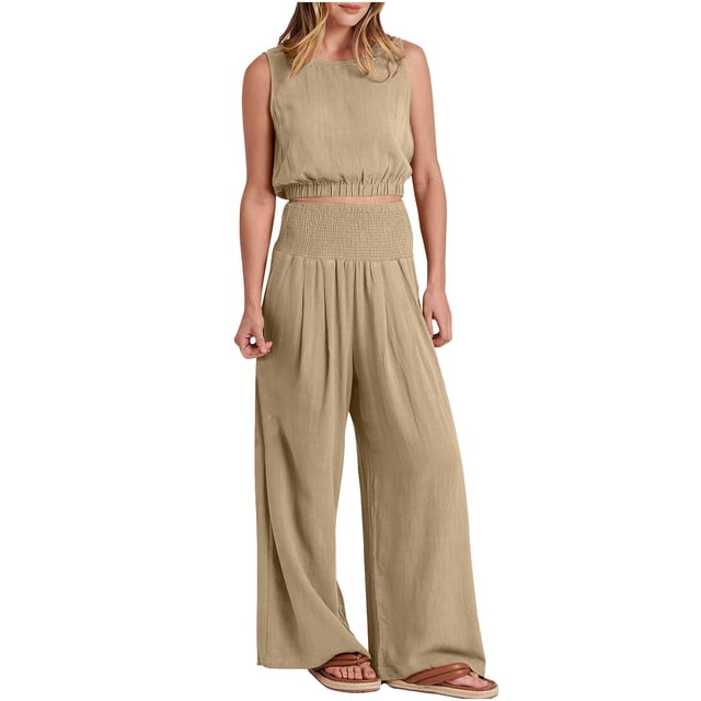 fheaev Ensembles en Coton et Lin pour Femmes, Tenues Décontractées à Manches Courtes, Col Rond, Pantalons Larges, Ensembles de Détente en Lin, Survêtements de Voyage Assortis