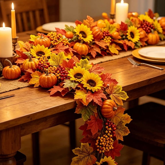 Artificial Fall Garland with Sunflowers Pumpkins Maple Leaves, 70.87 Inch Vivid Colors Plump Flexible Rattan for Halloween Thanksgiving Table Mantel Fireplace Door Fence Indoor Outdoor Home Decor