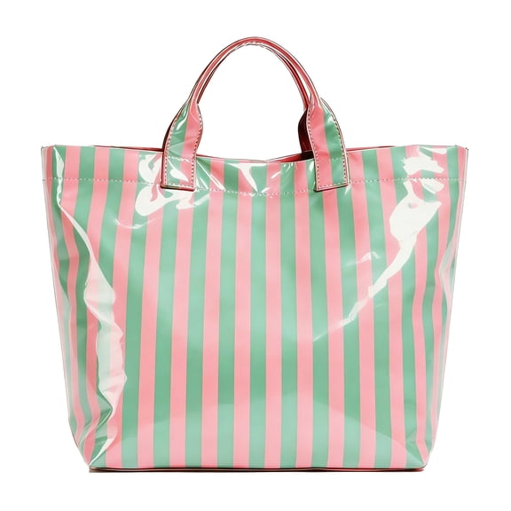 WANDF PVC Tote Bag for Women,Plastic Tote Bags for Shopping,Travel,Work,Classic Woman Handbags with Inner Pocket,Eco-Friendly Gift Bag for Ladies,Mom,Sister,Besties(Green Pink Stripe)
