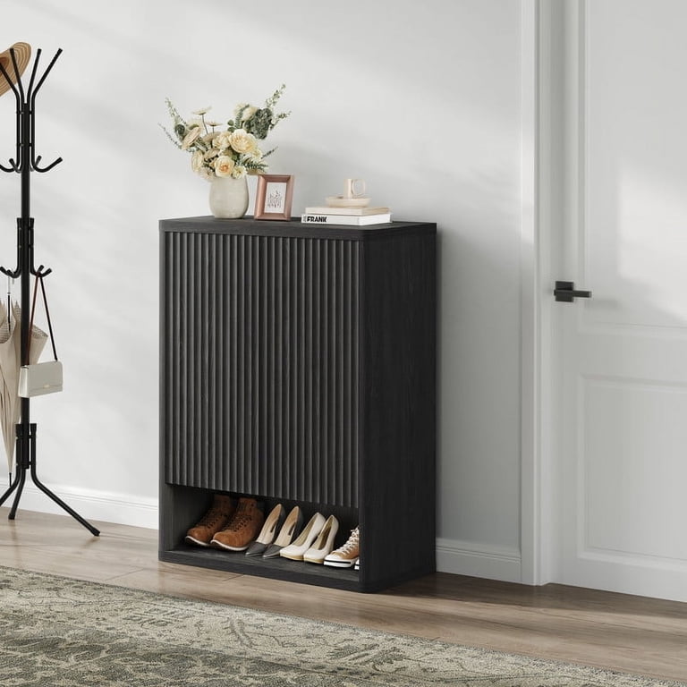 SICOTAS Black Modern Shoe Storage Cabinet,20 Pairs Fluted Shoe