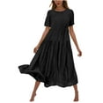 thumbnail image 2 of Zorckvet A Line Maxi Dresses for Women Solid Color Trendy Round Neck Pleated Short Sleeve Flowy Womens Dress, 2 of 6