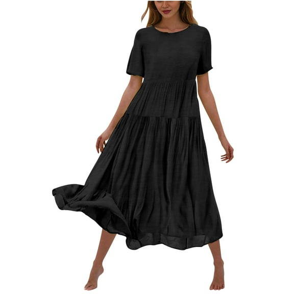 Maxi Dresses for Women, Casual Short Sleeve Crewneck Flowy Long Dresses Tiered Beach Dress