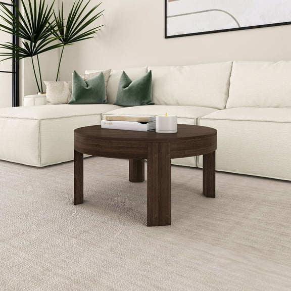 Plank Beam Solid Wood Contour Round Coffee Table, 30" Coffee Table, Coffee Tables for Living Room, Modern Center Table for Small Spaces, Walnut