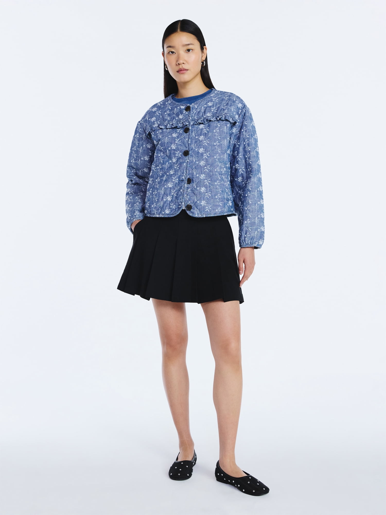 Scoop Women's Cotton Eyelet Jacket with Puff Sleeves, Sizes XS-4X
