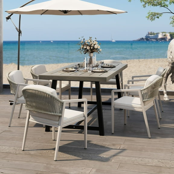 Christopher Knight Home Modern Outdoor 7-Piece Dining Set, Rectangle Wood Table and 6 Woven Chairs, Beige Cushions