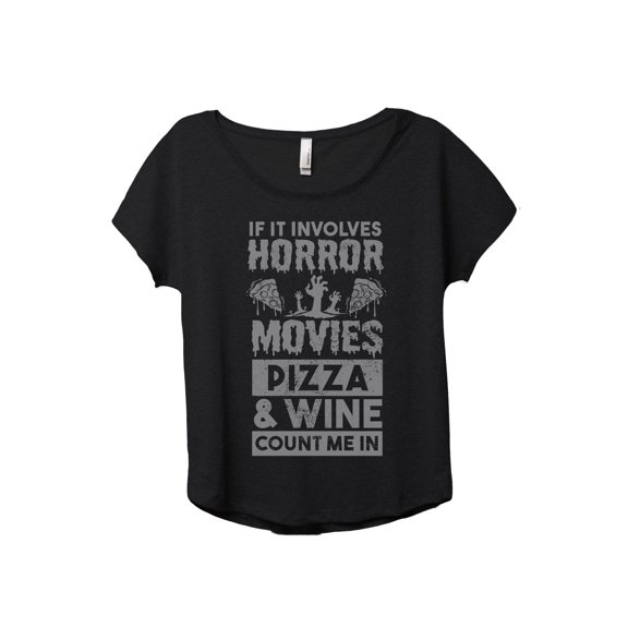 Horror Movies Pizza And Wine Women's Fashion Slouchy Dolman T-Shirt Tee Heather Black Medium
