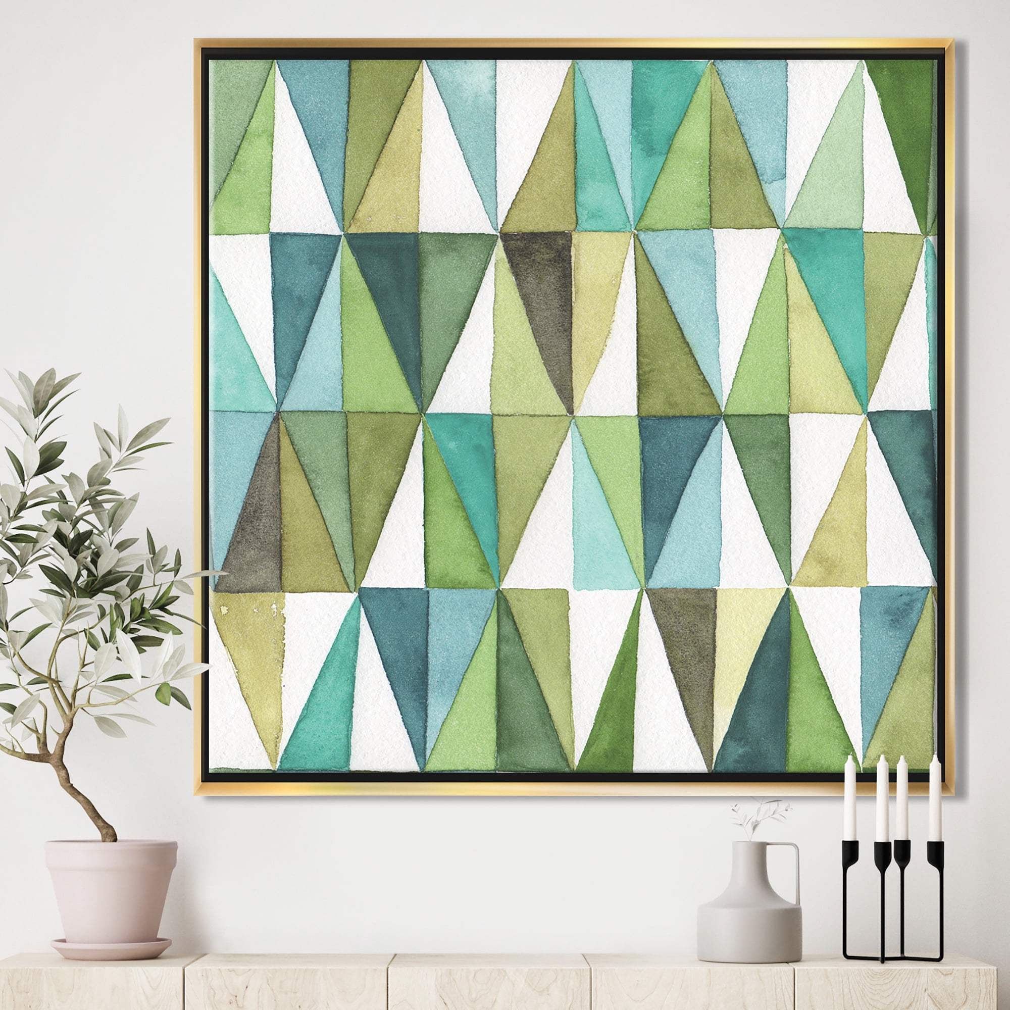 Designart ' geometric Green Triangle III ' MidCentury Modern Transitional Framed Canvas