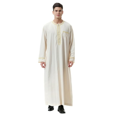 

Shiusina Men s Muslim Arab Middle Printed Zip Round Neck Robe Beige 3XL