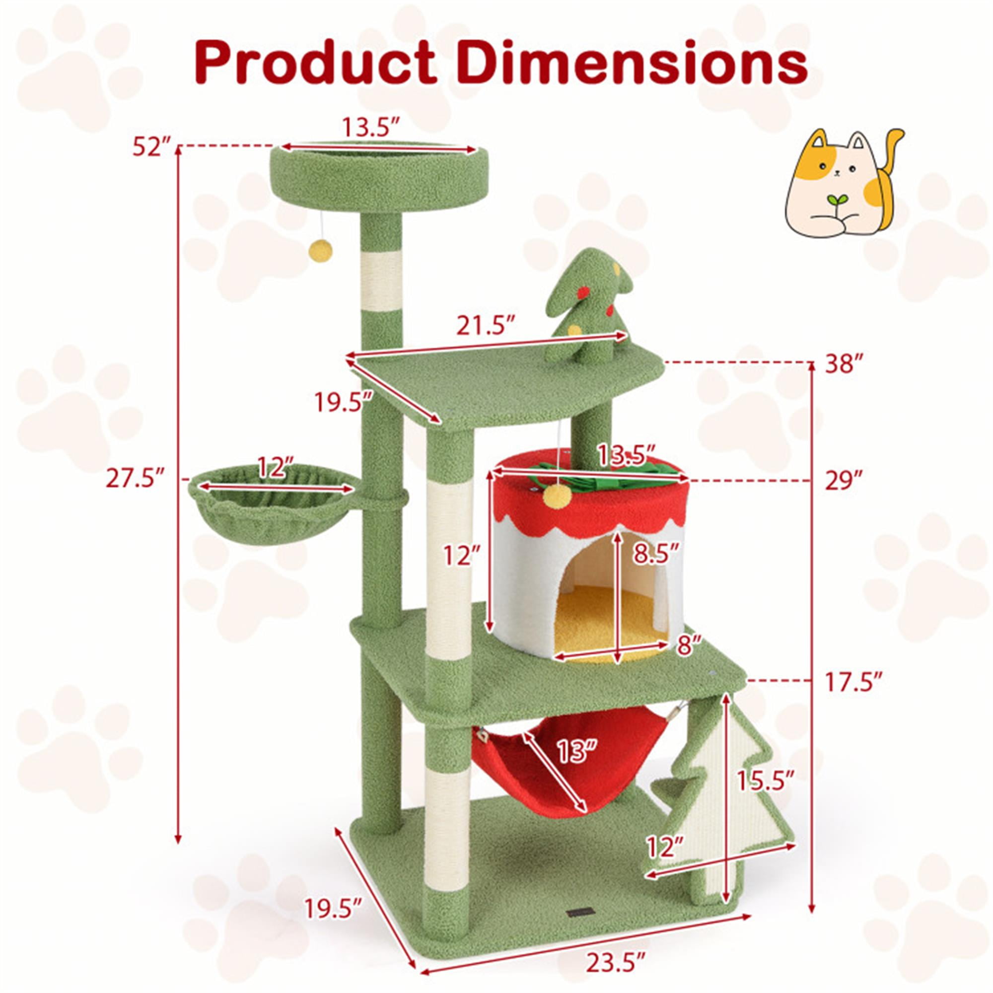 Kadyn 52" Christmas Decor Cat Tree Tower for Indoor Cats, Multi-Level Cat Climbing Tower with Cat Condos, Top Perches, Hammock, Green