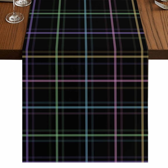 Table Runners 48 Inches Long Dress Scarves, Black Geometric Farmhouse Kitchen/Dining Table Runner, Short Coffee Tablerunners, Vintage Grid Plaid Colorful Lines 13x48 Inch