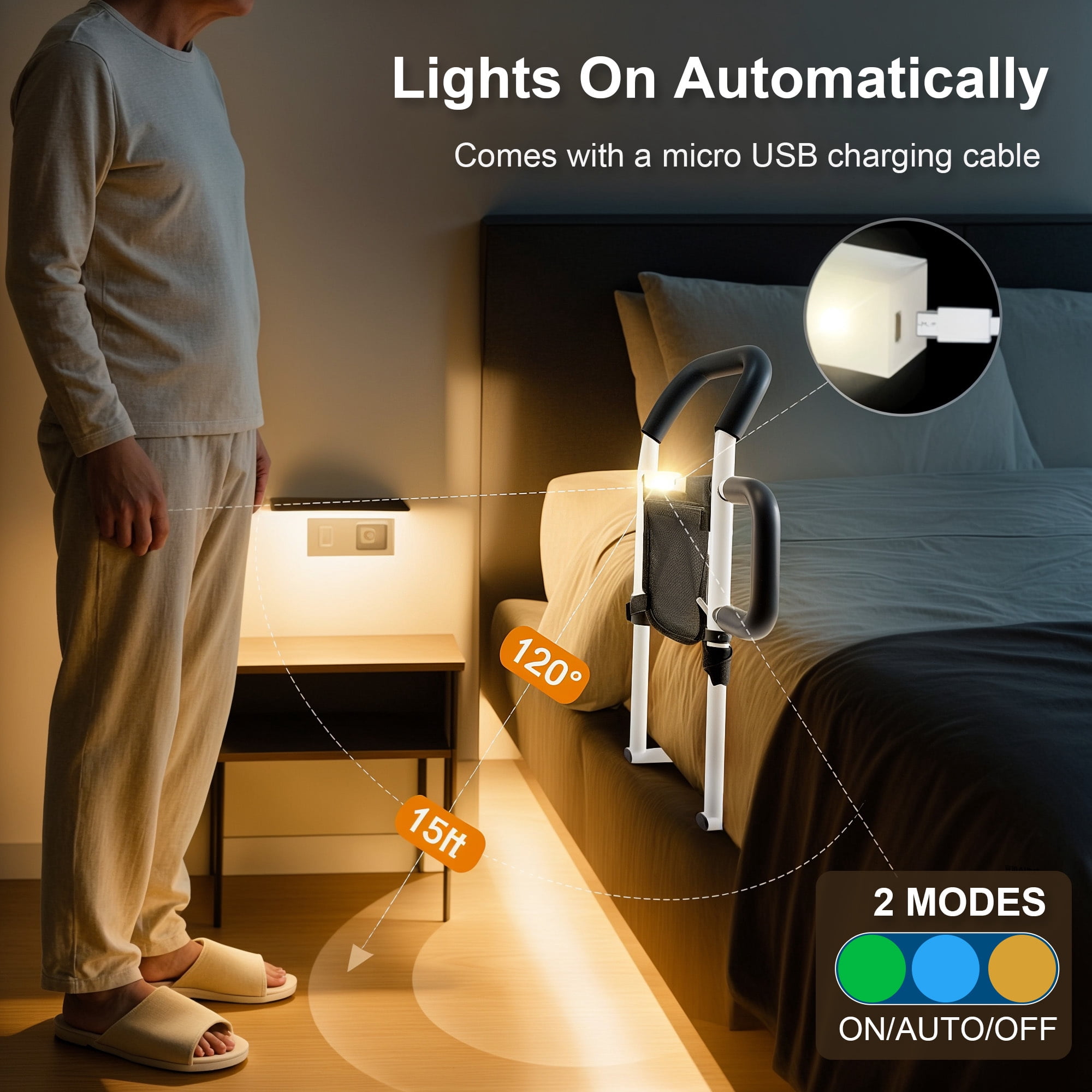 ALLJOY Bed Rails for Elderly Adults Safety- Bed Assist Rail for Seniors with Double Grab Bars, Light, Storage Bag & Fixing Strap, Fits Most Beds