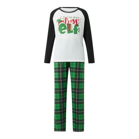 

Gureui Matching Christmas Family Pajamas Set Long Sleeve Cute Elf Hat Letter Print Tops + Plaid Pants Sleepwear Set for Adults/Kids/Baby