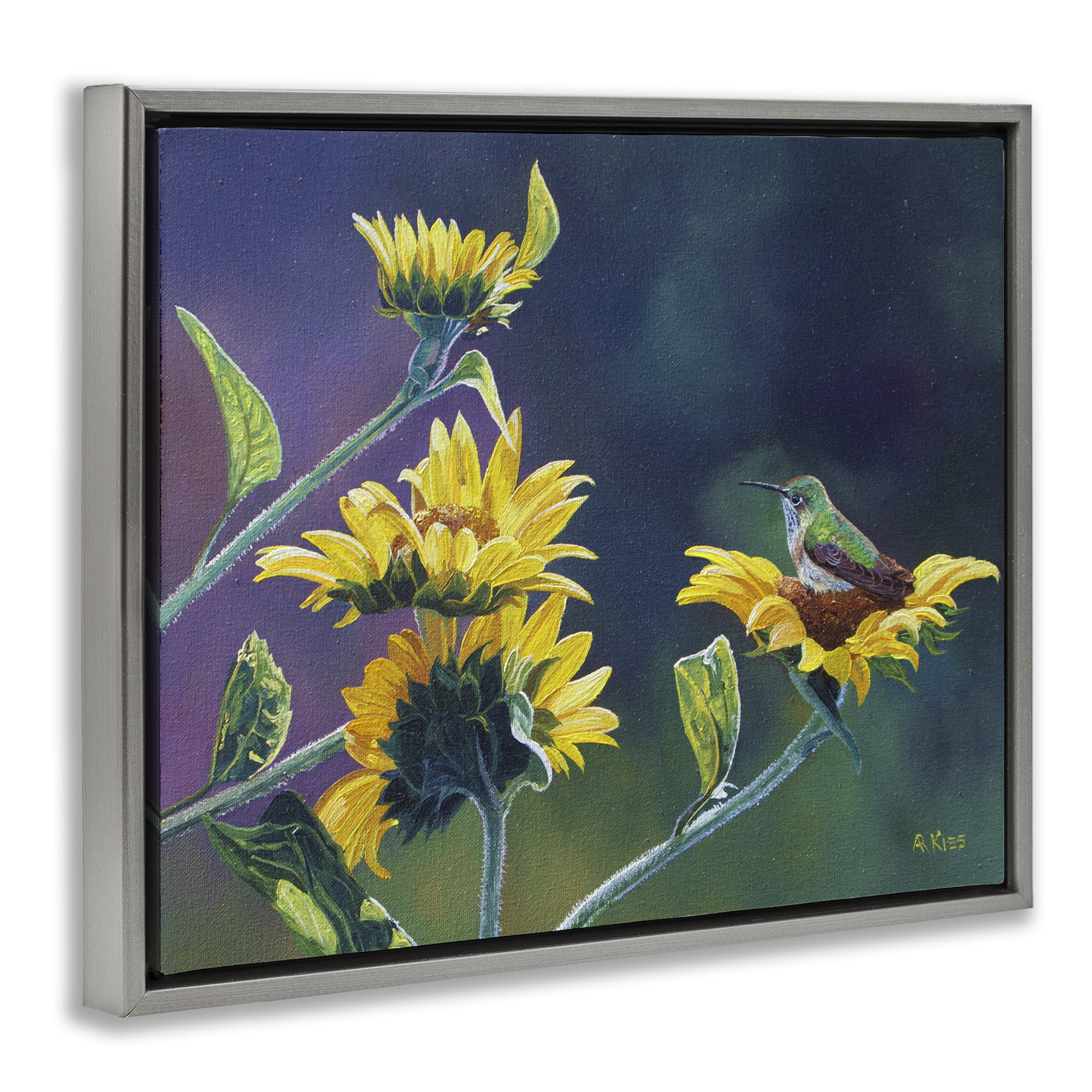 Stupell Industries Resting Birds on Sunflowers Plants & Flowers Painting Gray Floater Framed Canvas Art Print Wall Art, 21 x 17