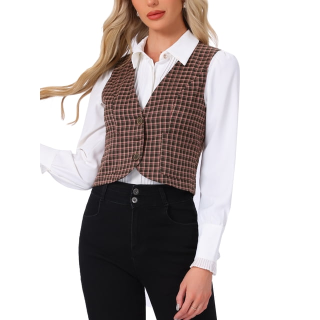 CHALECO Vintage de Cuadros Inspire Chic para Mujer, Cuello en V, de Un Solo Botón, Sin Mangas, Espalda Racer, Talla M, Rosa Oscuro