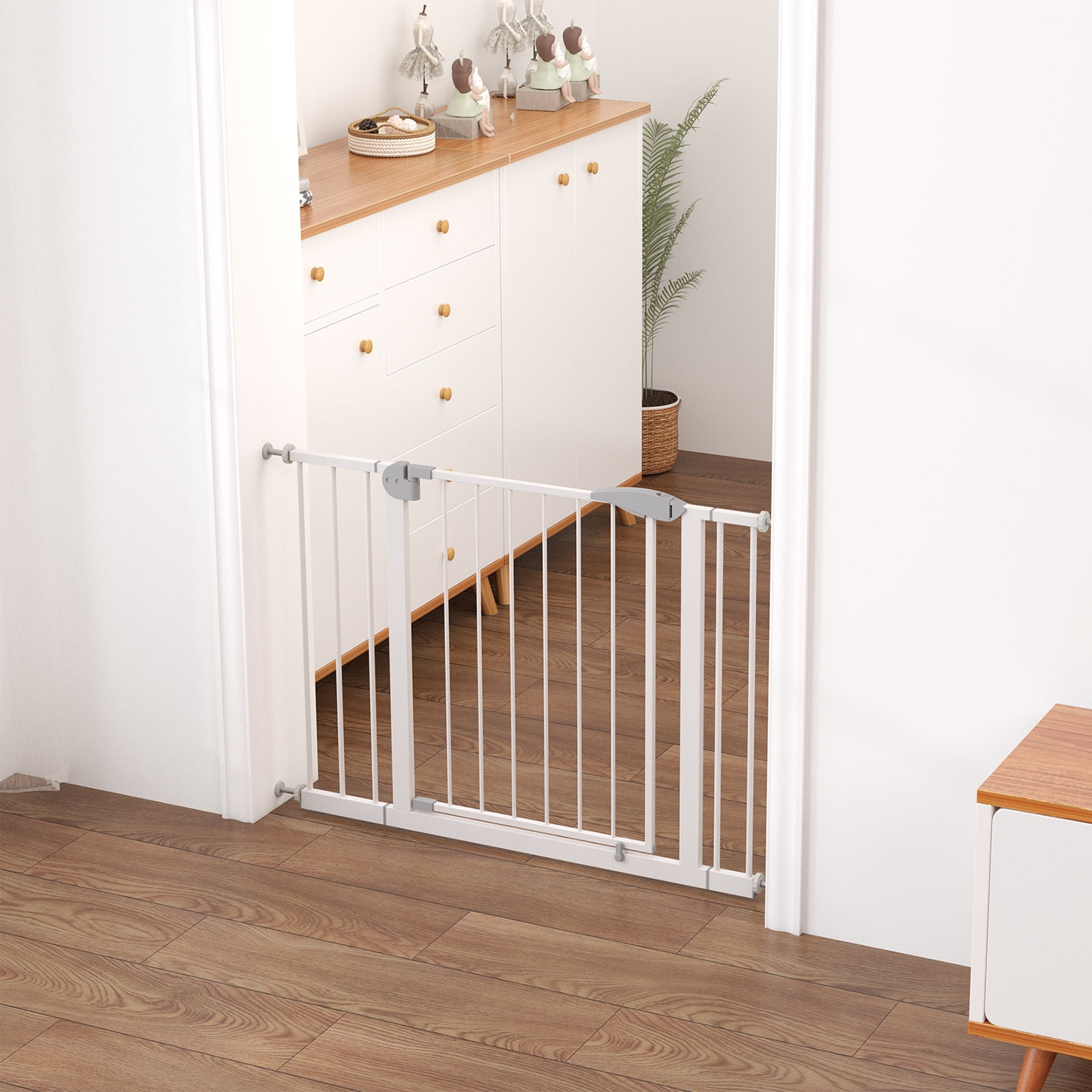 29.5-45.3" Wide Baby Gate for Stairs, Dog Gate Indoor for Doorways, No Drilling Pressure Mounted Pet Gates for Kids, Easy Walk Through Safety Gate (White)