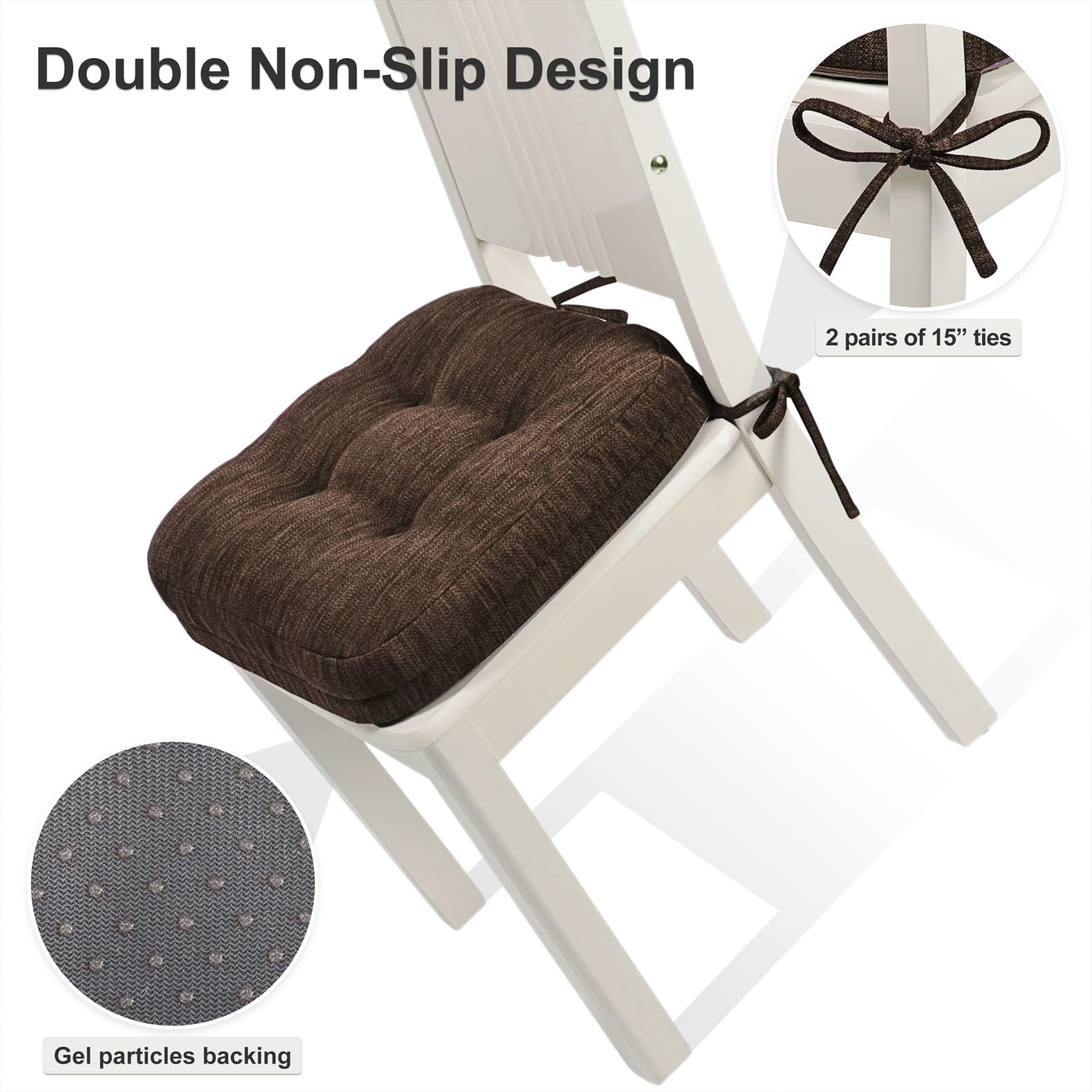 Shinnwa Chair Cushions 3.5" Thick Tufted Memory Foam Kitchen Chair Cushions Set of 4 Dual-layer Indoor Seat Cushions, 16.5" X 16.5", Non-Slip, Dark Brown